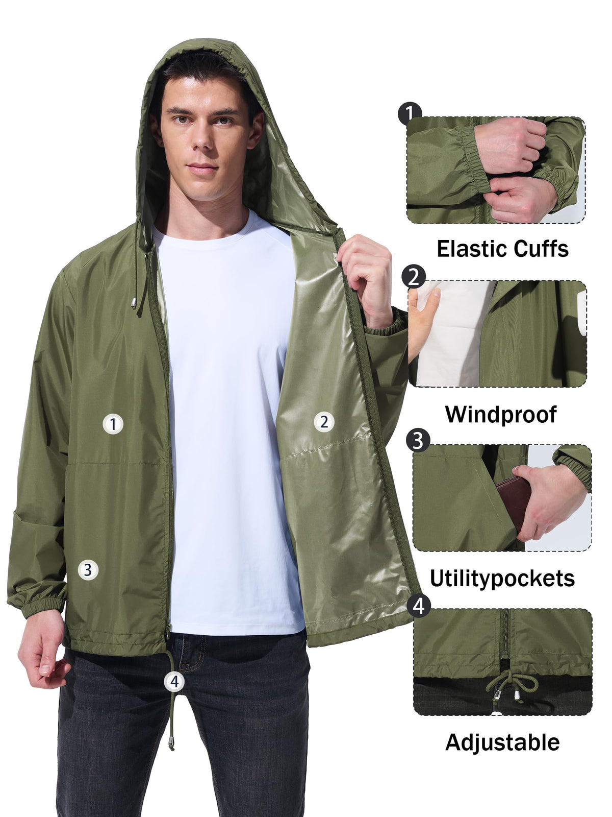 UIQUR Mens Rain Jacket Raincoat Windbreaker Running Waterproof Lightweight Packable with Hood Travel Hiking Cycling