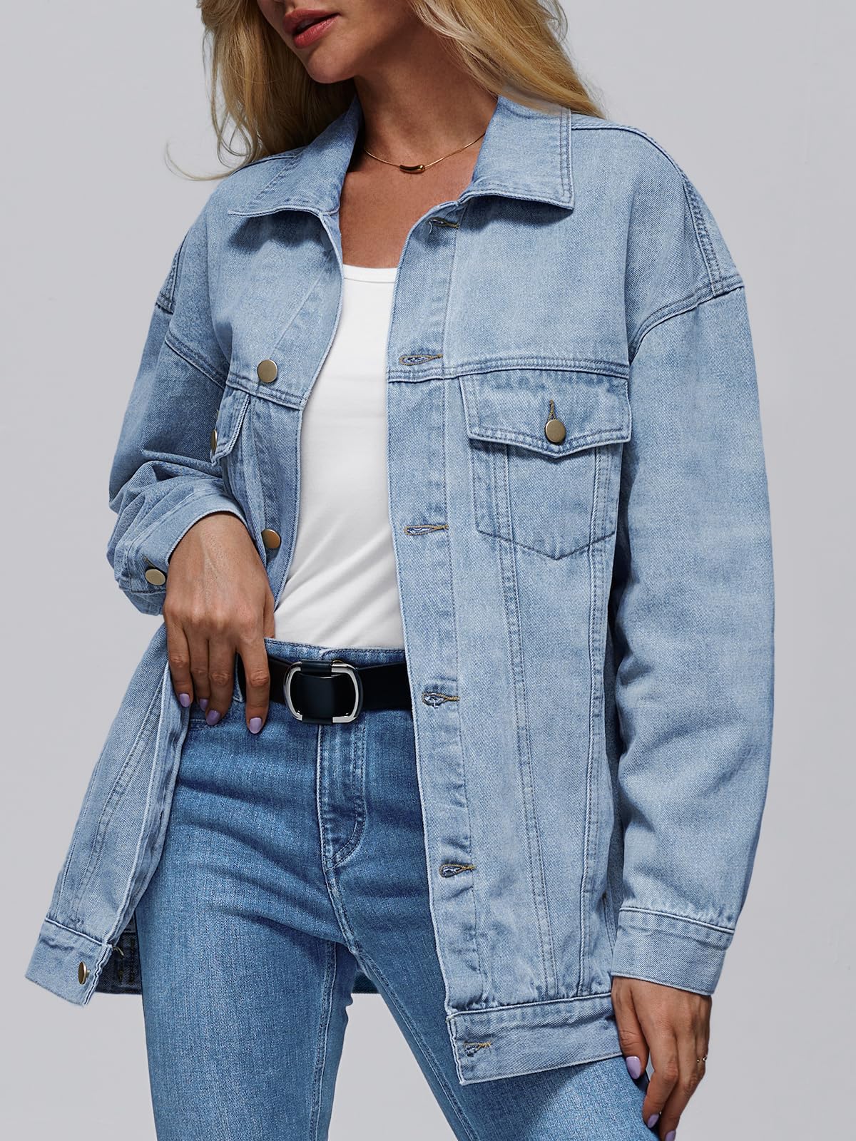 AUTOMET Women's Button Down Oversized Jeans Jacket with Pockets | Classic Denim Jacket with Chest Pockets, Loose Fit Boyfriend Style Coat for Fall