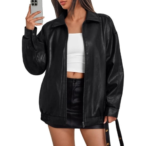 Trendy Queen Womens Oversized Leather Jacket Moto Bomber Coat Fall&Winter | Spring Jacket Boyfriend Fall Clothes Going Out Fashion Concert Party Coat Travel Airport Winter Outfits